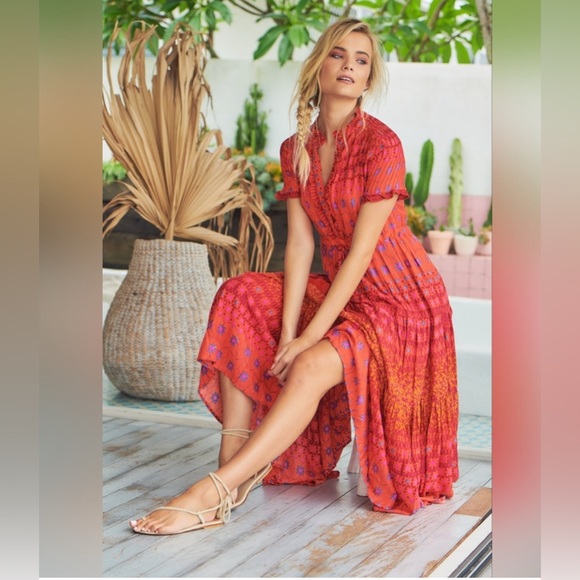 NEW FREE PEOPLE Rare Feeling Pleated Maxi Dress In Ruby Red - Picture 6 of 16